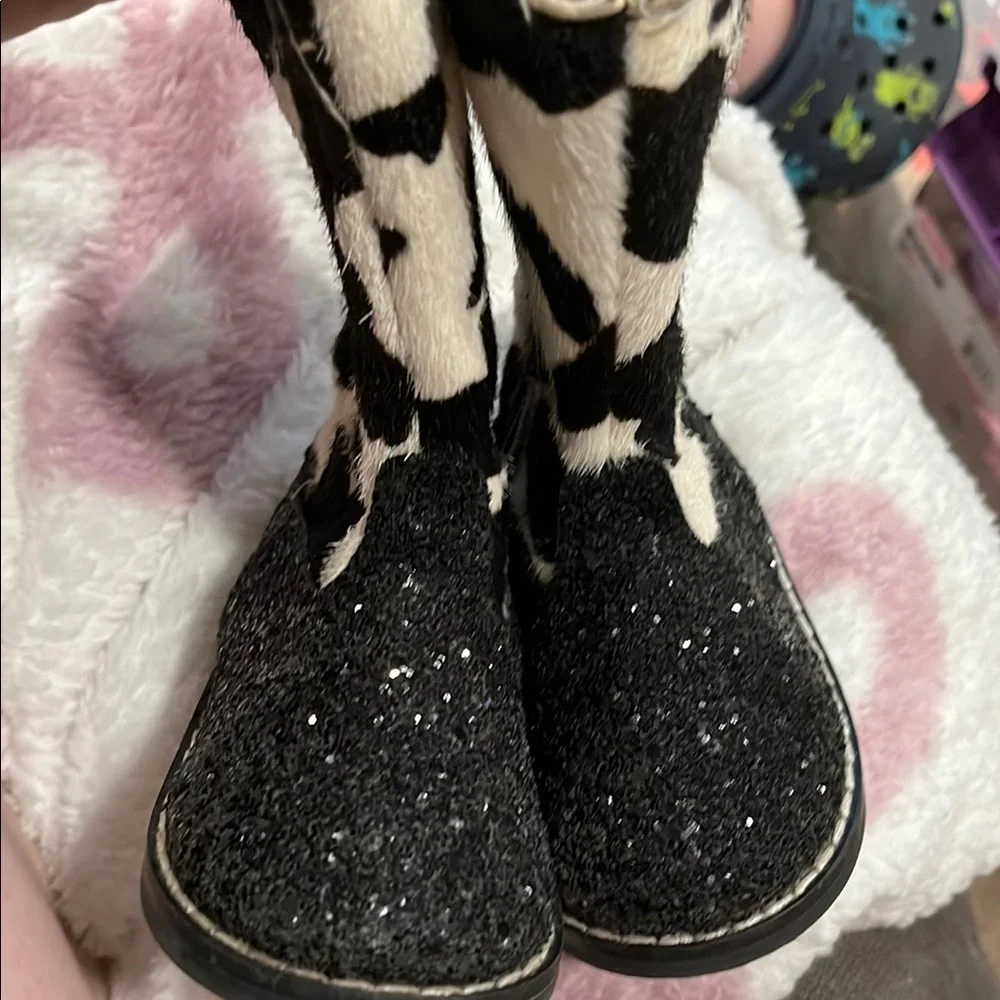 Kids Black & Cream Cow Print Glitter Boot
